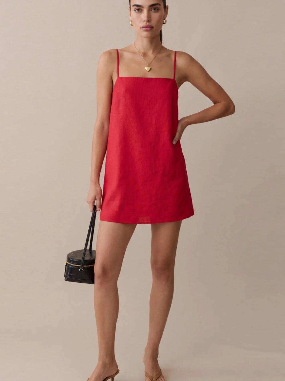 Few Moda Kourt Red Square-Neck Spaghetti Strap Linen Mini Dress